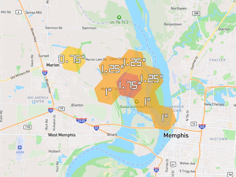 Hail map of Marion, AR on Jun 2, 2026, hail up to 1.75"