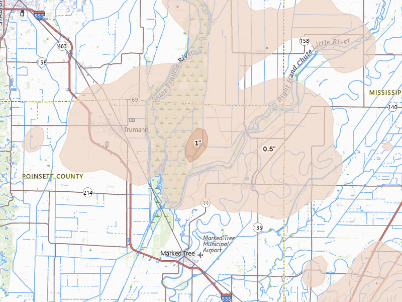 Radar-estimated hail-size map of the storm over Marked Tree, AR on Apr 27, 2026
