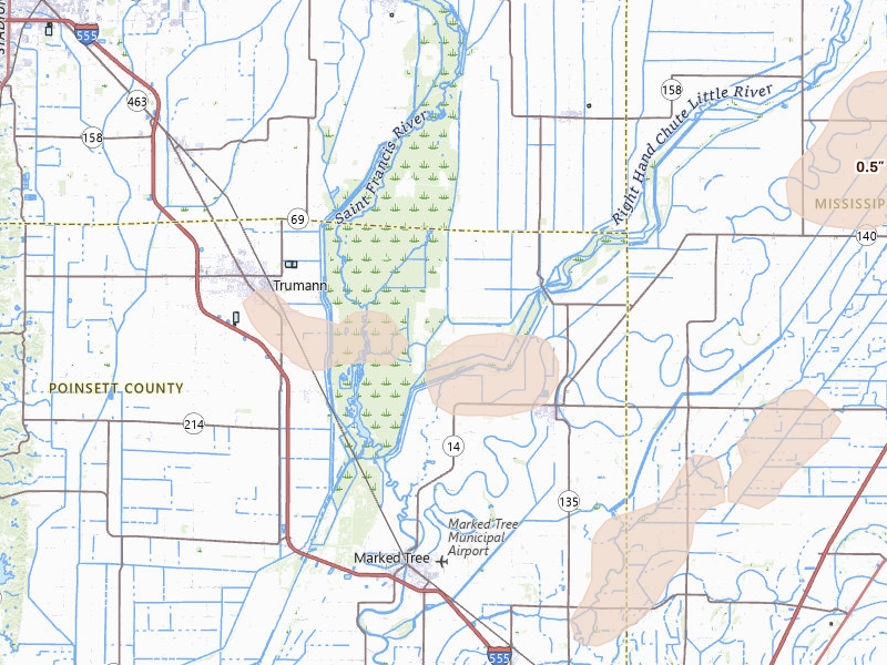 Radar-estimated hail-size map of the storm over Marked Tree, AR on Apr 28, 2026