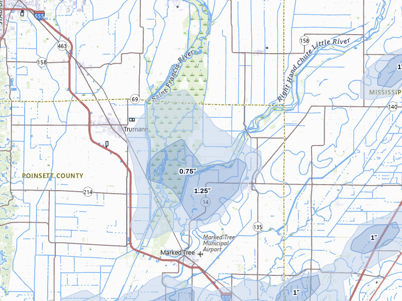 NEXRAD radar-signature map of the hail storm over Marked Tree, AR on Apr 28, 2026