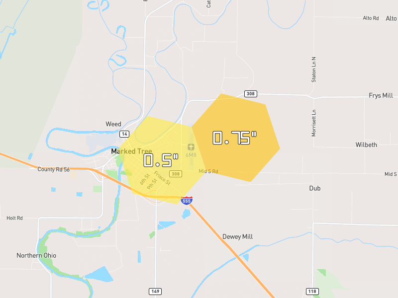Hail map of Marked Tree, AR on Jun 2, 2026, hail up to 0.75"