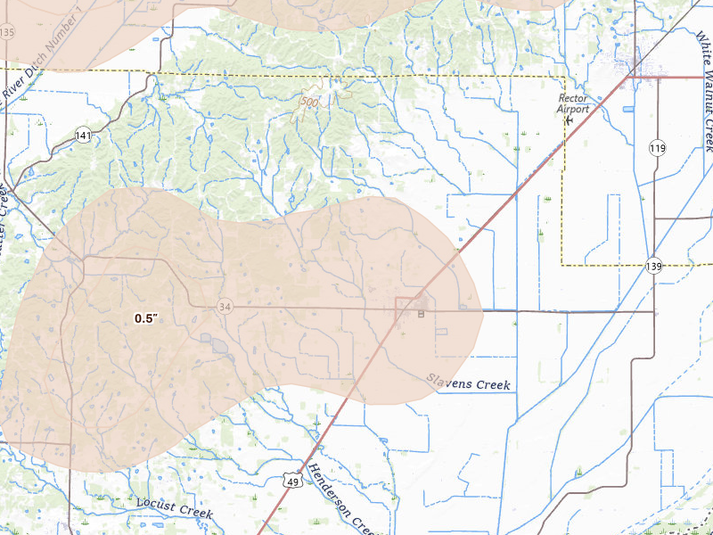 Radar-estimated hail-size map of the storm over Marmaduke, AR on Apr 27, 2026