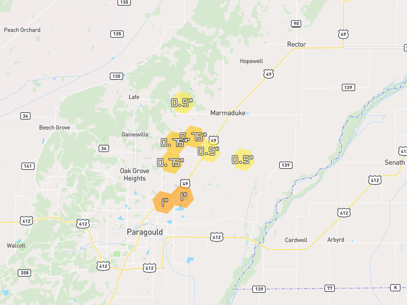 Hail map of Marmaduke, AR on Jul 4, 2026, hail up to 1"