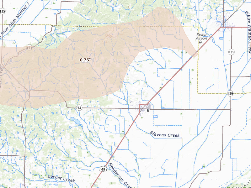 Radar-estimated hail-size map of the storm over Marmaduke, AR on Aug 19, 2026