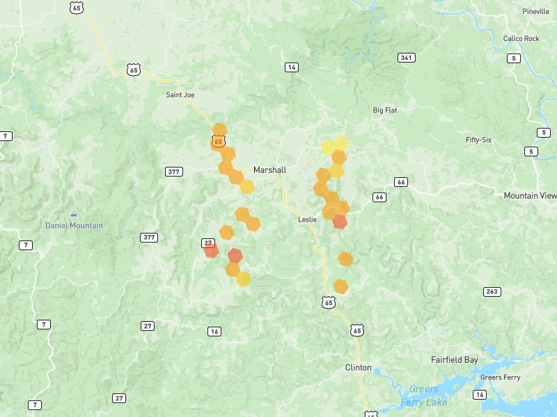 Hail map of Marshall, AR on Jun 1, 2026, hail up to 1.5"
