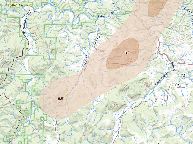 Radar-estimated hail-size map of the storm over Marshall, AR on Aug 6, 2026