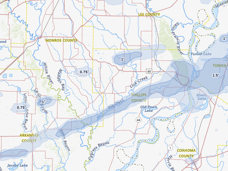 NEXRAD radar-signature map of the hail storm over Marvell, AR on Mar 15, 2026