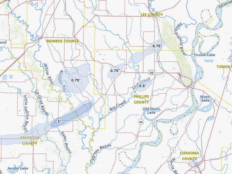 NEXRAD radar-signature map of the hail storm over Marvell, AR on Apr 28, 2026