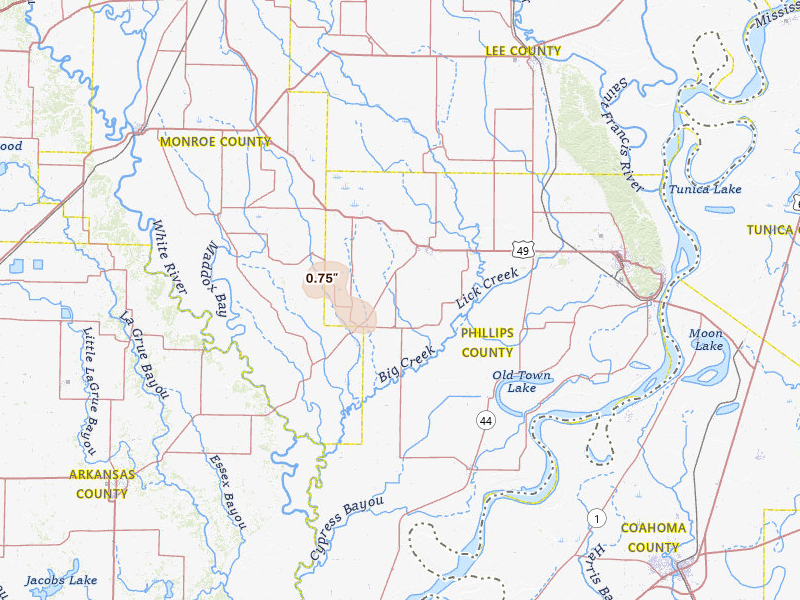 Radar-estimated hail-size map of the storm over Marvell, AR on Jul 6, 2026