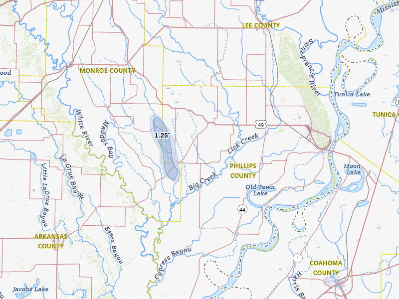 NEXRAD radar-signature map of the hail storm over Marvell, AR on Jul 6, 2026