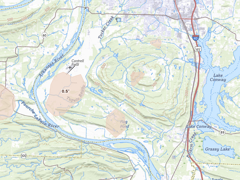 Radar-estimated hail-size map of the storm over Mayflower, AR on Mar 15, 2026