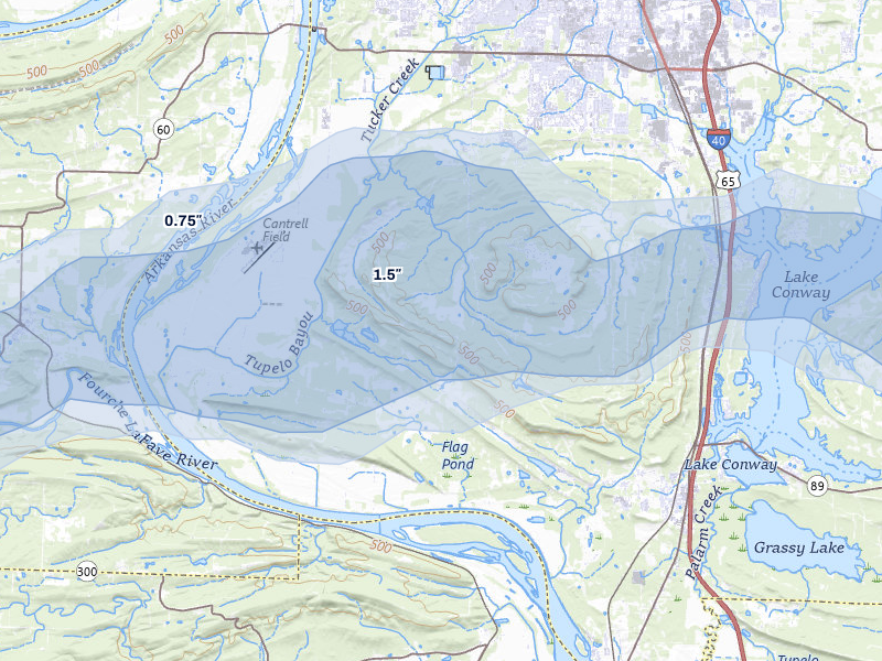 NEXRAD radar-signature map of the hail over Mayflower, AR