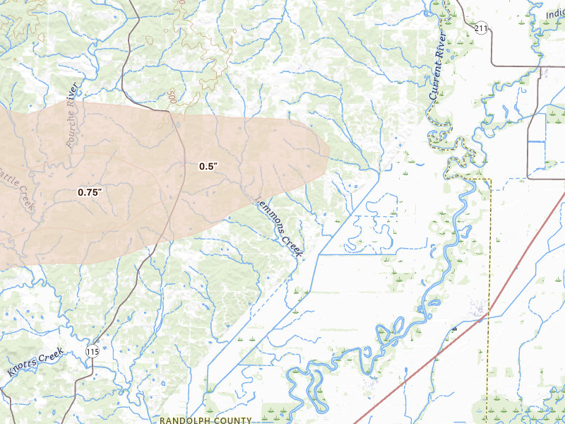 Radar-estimated hail-size map of the storm over Maynard, AR on Mar 4, 2026