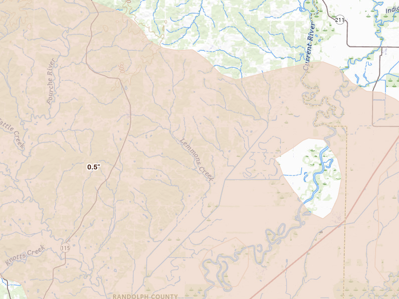 Radar-estimated hail-size map of the storm over Maynard, AR on Apr 27, 2026