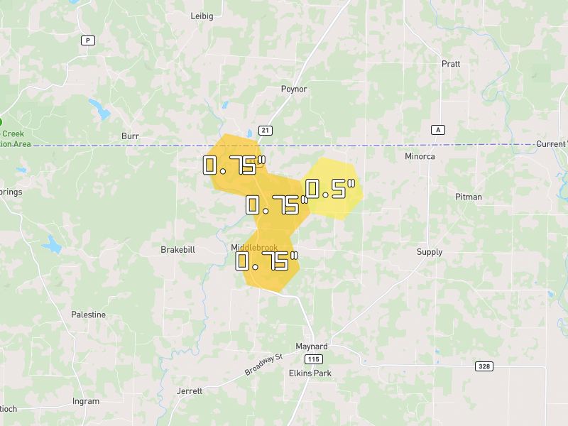 Hail map of Maynard, AR on Jun 9, 2026, hail up to 0.75"