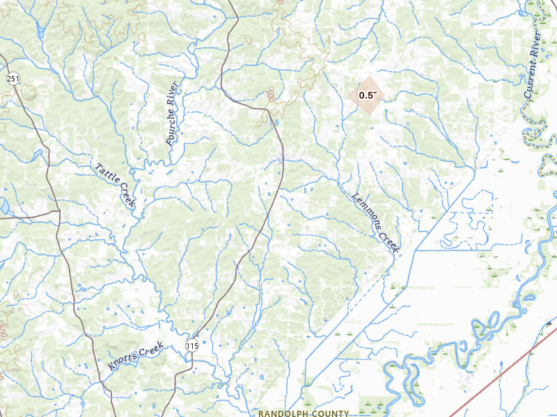 Radar-estimated hail-size map of the storm over Maynard, AR on Aug 7, 2026