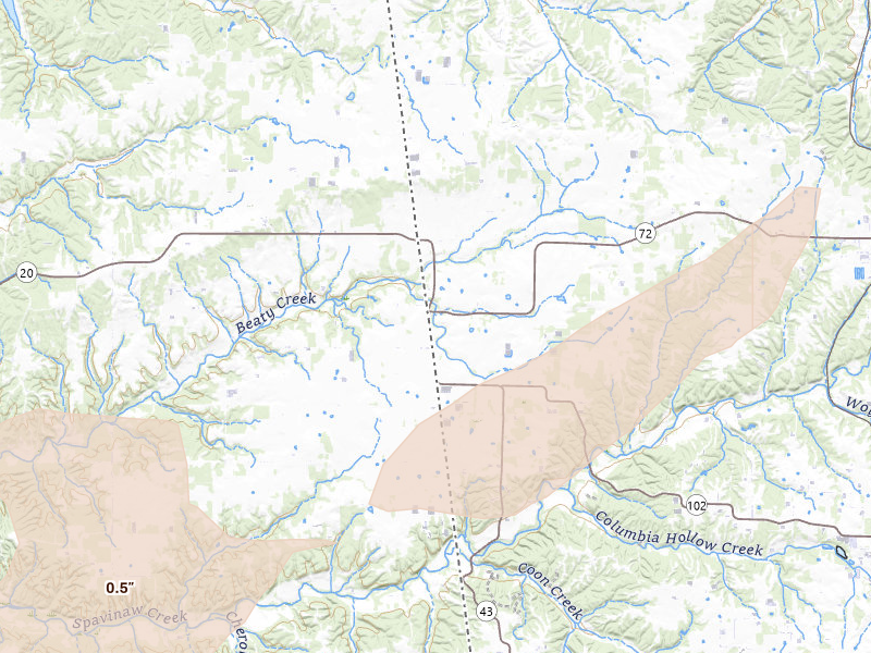 Radar-estimated hail-size map of the storm over Maysville, AR on Mar 6, 2026