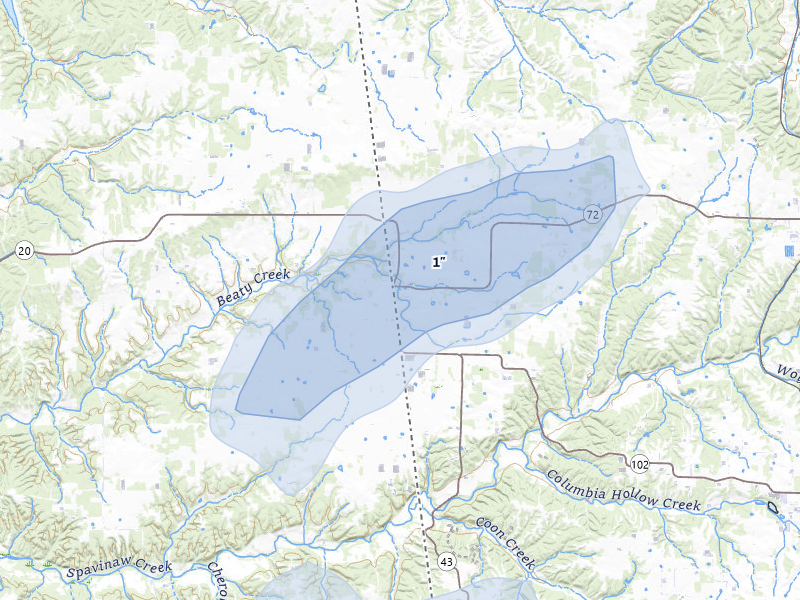 NEXRAD radar-signature map of the hail storm over Maysville, AR on Mar 6, 2026