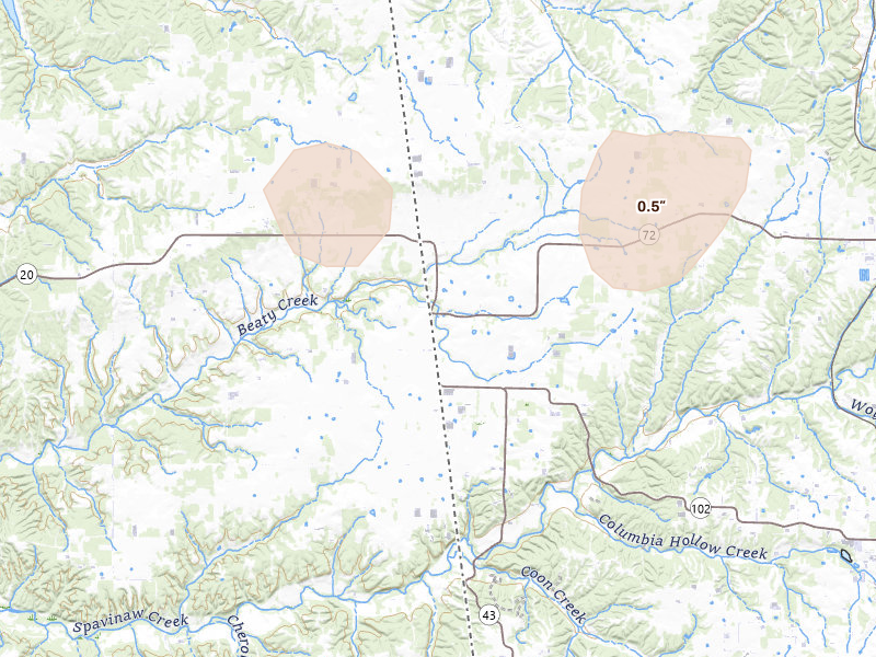Radar-estimated hail-size map of the storm over Maysville, AR on Jun 7, 2026