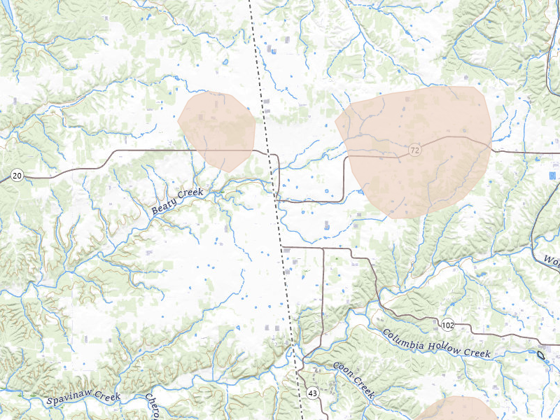 Radar-estimated hail-size map of the storm over Maysville, AR on Jun 8, 2026