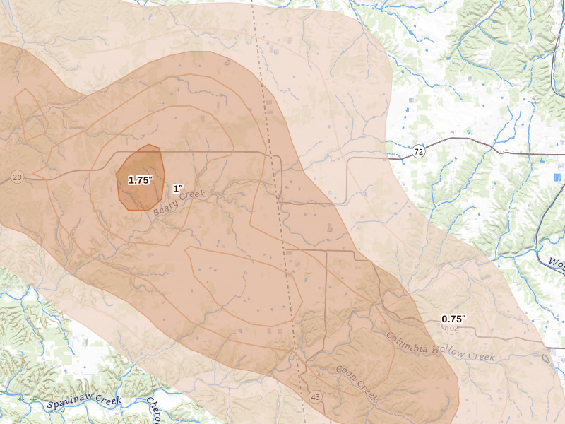 Radar-estimated hail-size map of the storm over Maysville, AR