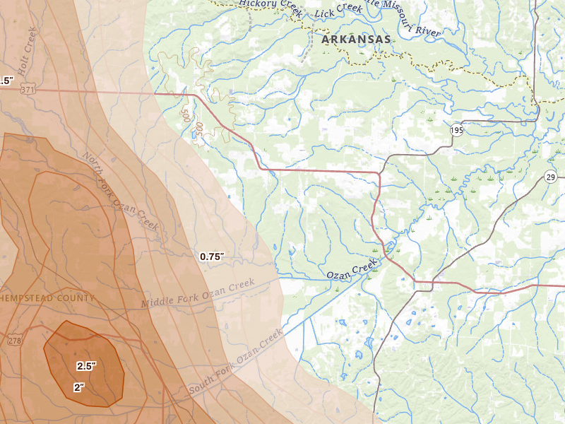 Radar-estimated hail-size map of the storm over Mc Caskill, AR on Apr 25, 2026