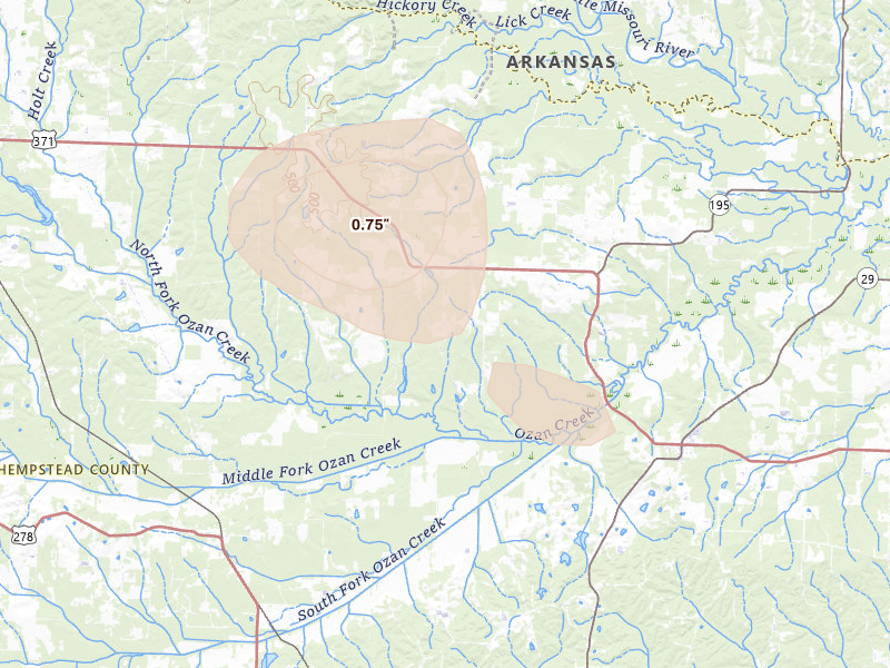 Radar-estimated hail-size map of the storm over Mc Caskill, AR on Jun 2, 2026