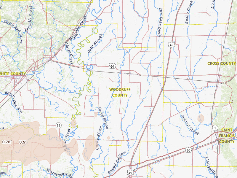 Radar-estimated hail-size map of the storm over Mc Crory, AR on Mar 15, 2026