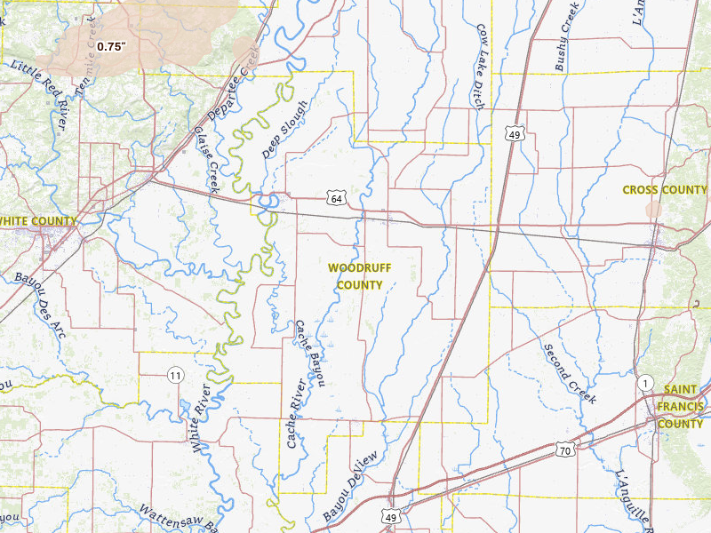Radar-estimated hail-size map of the storm over Mc Crory, AR on Apr 27, 2026