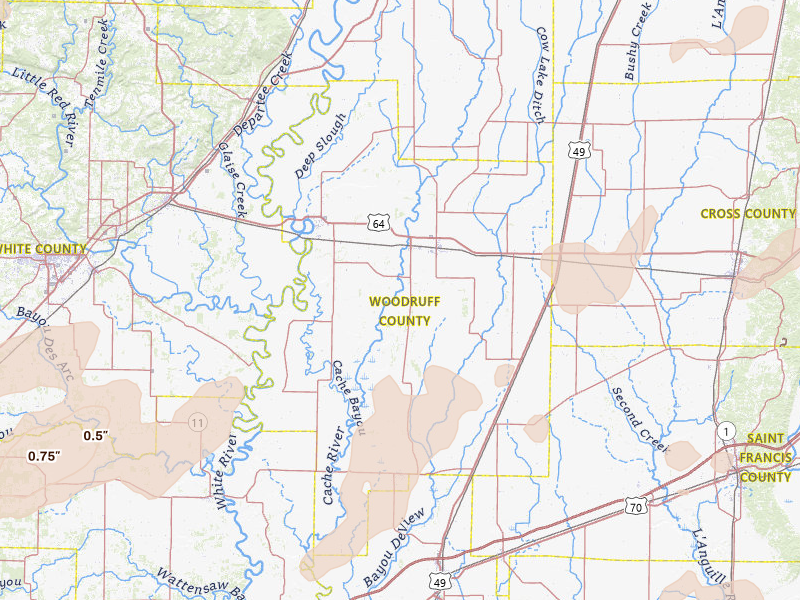 Radar-estimated hail-size map of the storm over Mc Crory, AR on Apr 28, 2026