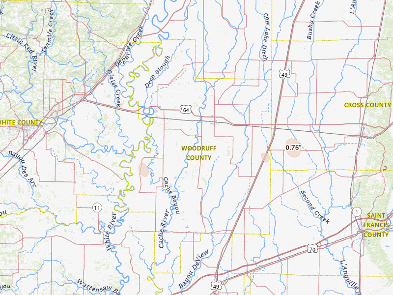 Radar-estimated hail-size map of the storm over Mc Crory, AR on May 5, 2026