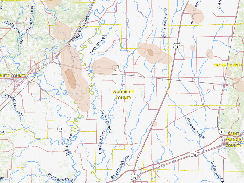 Radar-estimated hail-size map of the storm over Mc Crory, AR on Jun 1, 2026