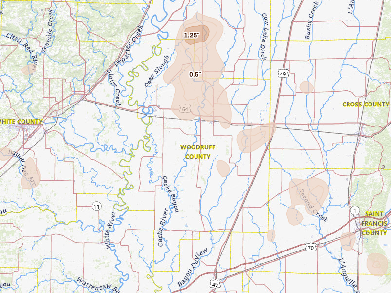 Radar-estimated hail-size map of the storm over Mc Crory, AR on Jul 11, 2026