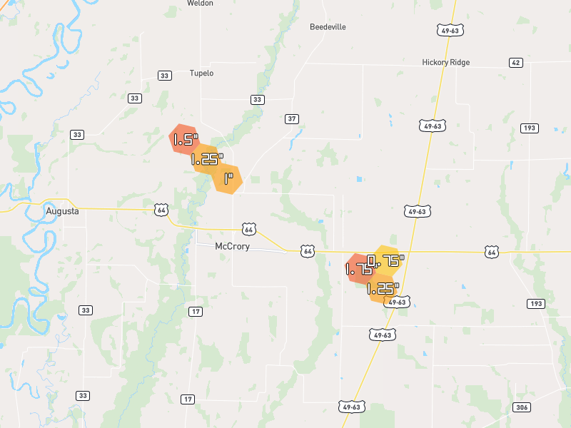 Hail map of Mc Crory, AR on Jul 11, 2026, hail up to 1.75"