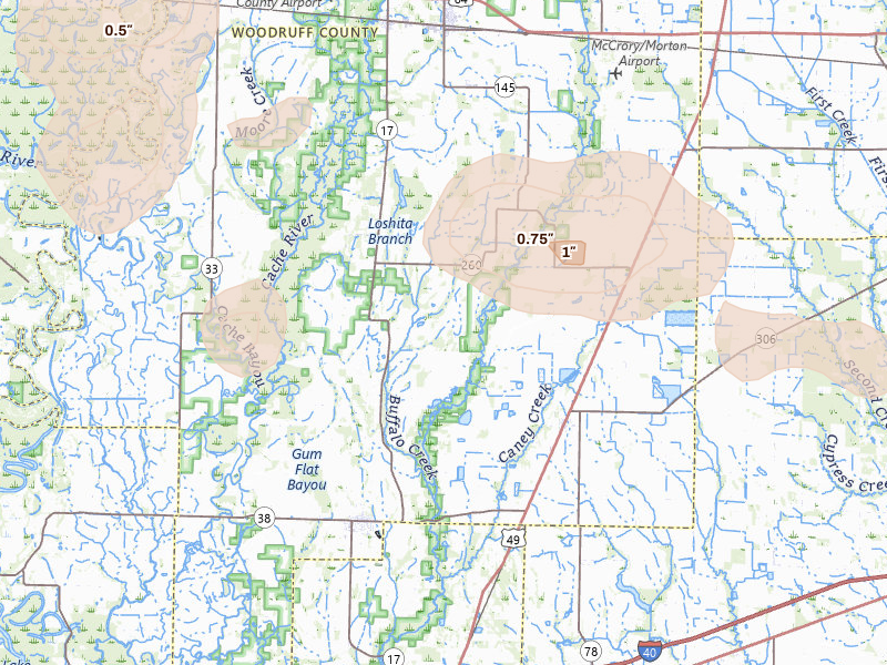 Radar-estimated hail-size map of the storm over Mc Crory, AR on Aug 17, 2026