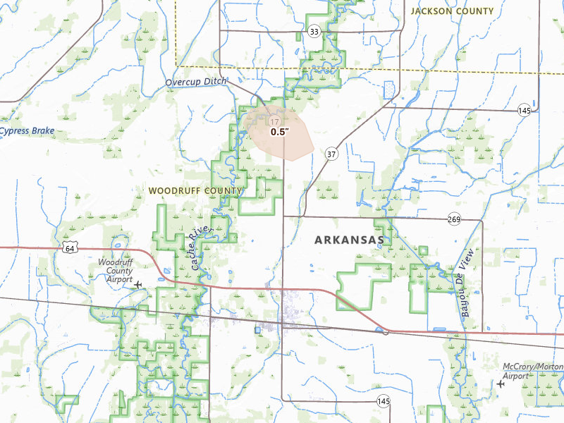 Radar-estimated hail-size map of the storm over Mc Crory, AR on Aug 27, 2026