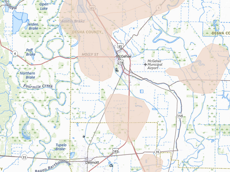 Radar-estimated hail-size map of the storm over Mc Gehee, AR on Jun 1, 2026