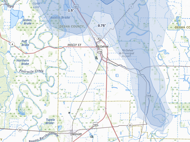 NEXRAD radar-signature map of the hail over Mc Gehee, AR