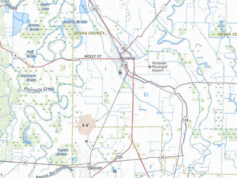 Radar-estimated hail-size map of the storm over Mc Gehee, AR