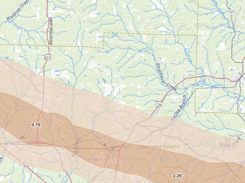 Radar-estimated hail-size map of the storm over Mc Neil, AR on Mar 15, 2026