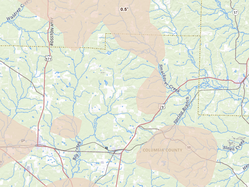 Radar-estimated hail-size map of the storm over Mc Neil, AR on Jun 2, 2026