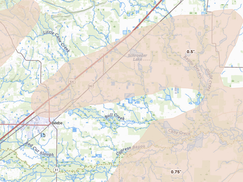 Radar-estimated hail-size map of the storm over Mc Rae, AR on Apr 28, 2026
