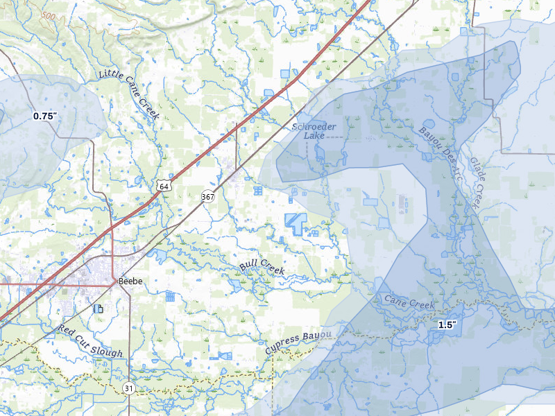 NEXRAD radar-signature map of the hail storm over Mc Rae, AR on Apr 28, 2026