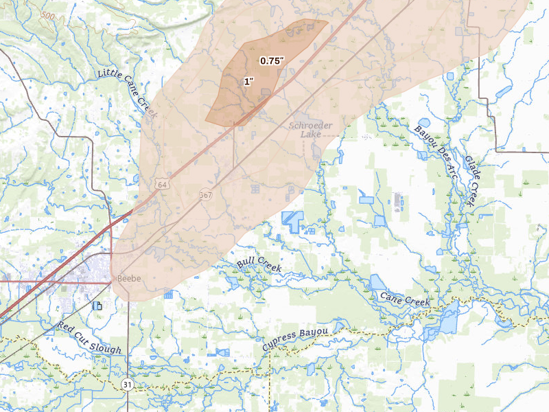 Radar-estimated hail-size map of the storm over Mc Rae, AR on May 31, 2026