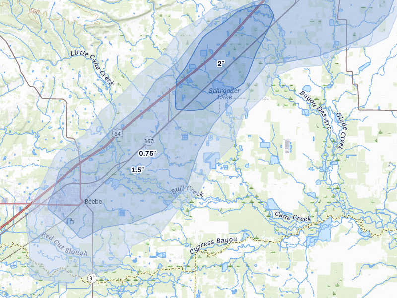 NEXRAD radar-signature map of the hail storm over Mc Rae, AR on May 31, 2026