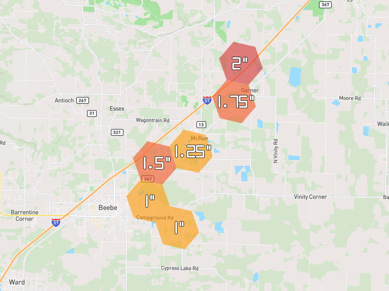 Hail map of Mc Rae, AR on Jun 1, 2026, hail up to 2"