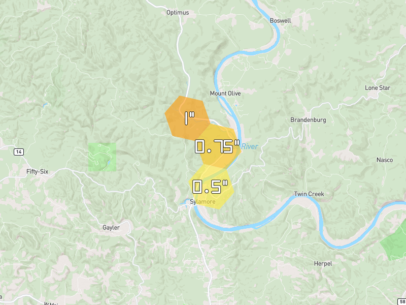 Hail map of Melbourne, AR on Jun 1, 2026, hail up to 1"
