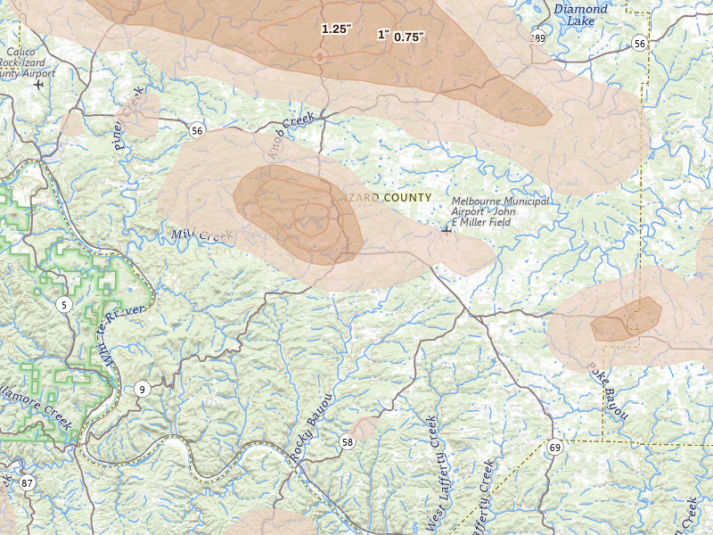 Radar-estimated hail-size map of the storm over Melbourne, AR