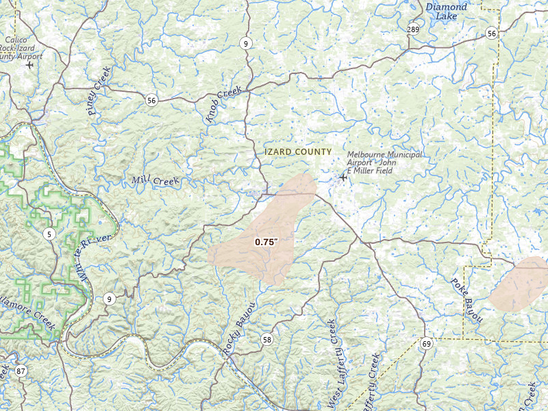 Radar-estimated hail-size map of the storm over Melbourne, AR on Jul 4, 2026