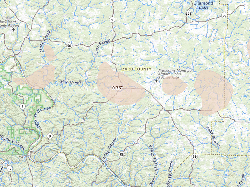 Radar-estimated hail-size map of the storm over Melbourne, AR on Jul 11, 2026